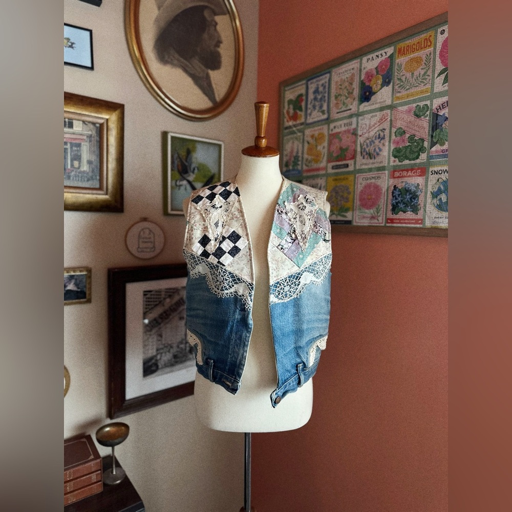Handmade Vintage Patchwork Denim Vest with Lace Trim
